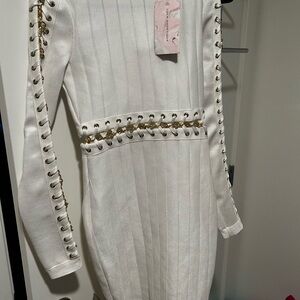 Miss Lola White Long Sleeve Dress with Gold Accents